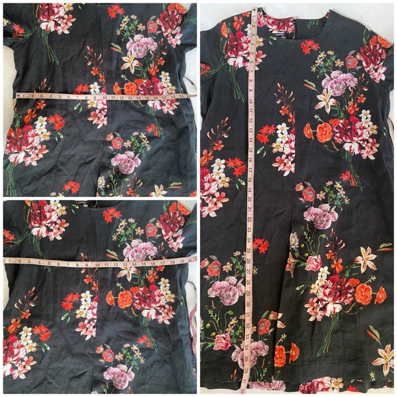 Hannes Roether 100% floral black linen 3/4 sleeves cinch back midi dress… - Picture 10 of 11